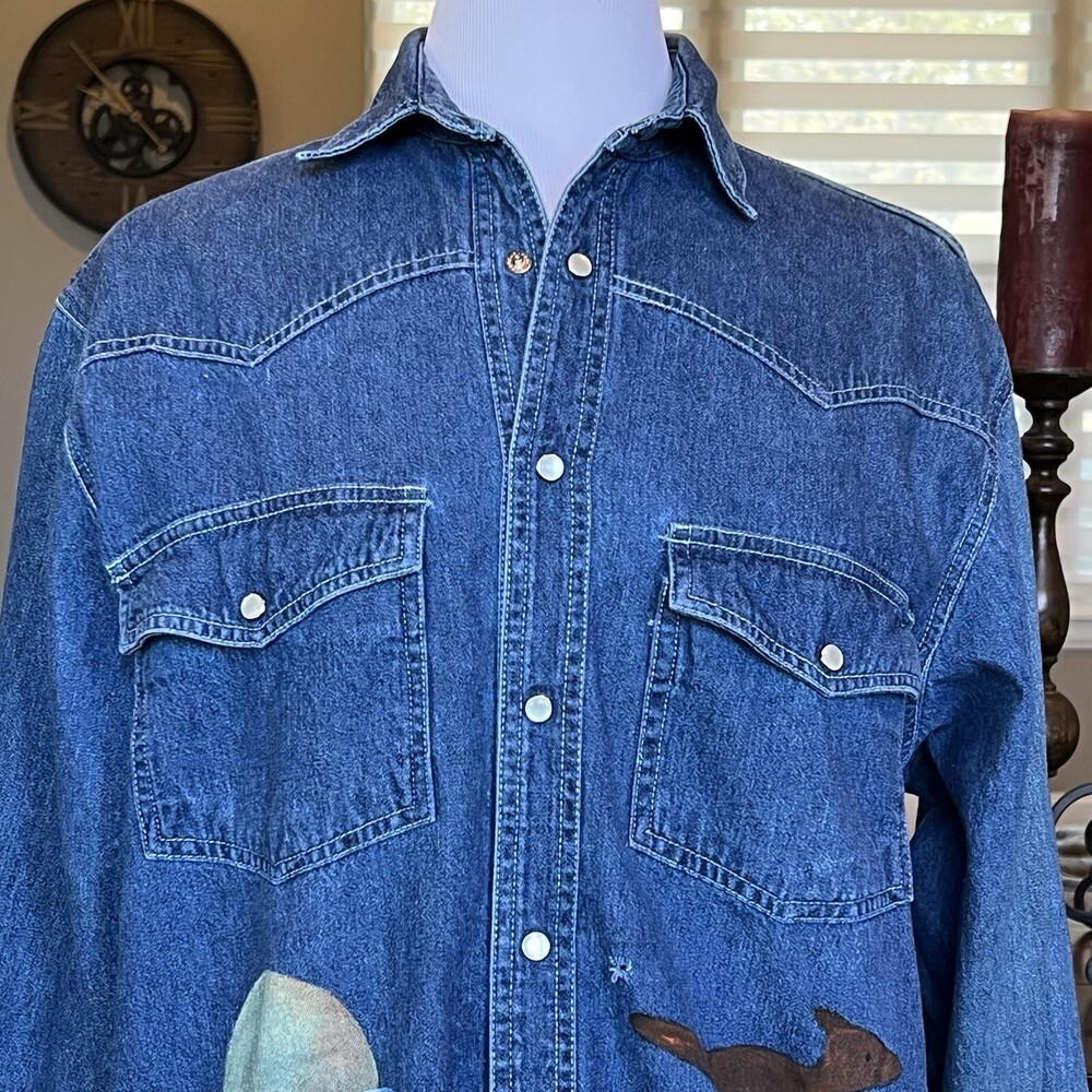 VTG Sunbelt Denim Pearl Snap Western Shirt M Hand Painted Roadrunner Shacket - Picture 4 of 16